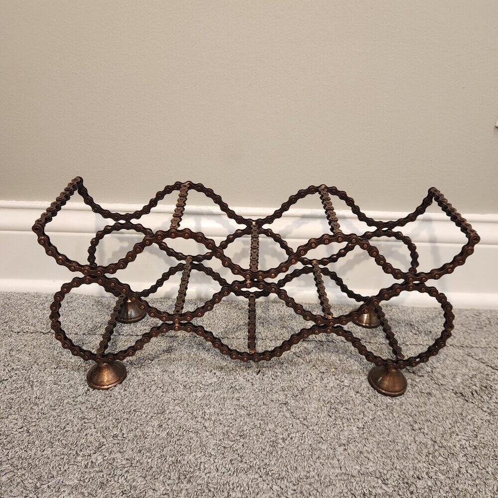 Upcycled Bicycle Chain Wine Rack Copper Metallic Finish Industrial Folk Art
